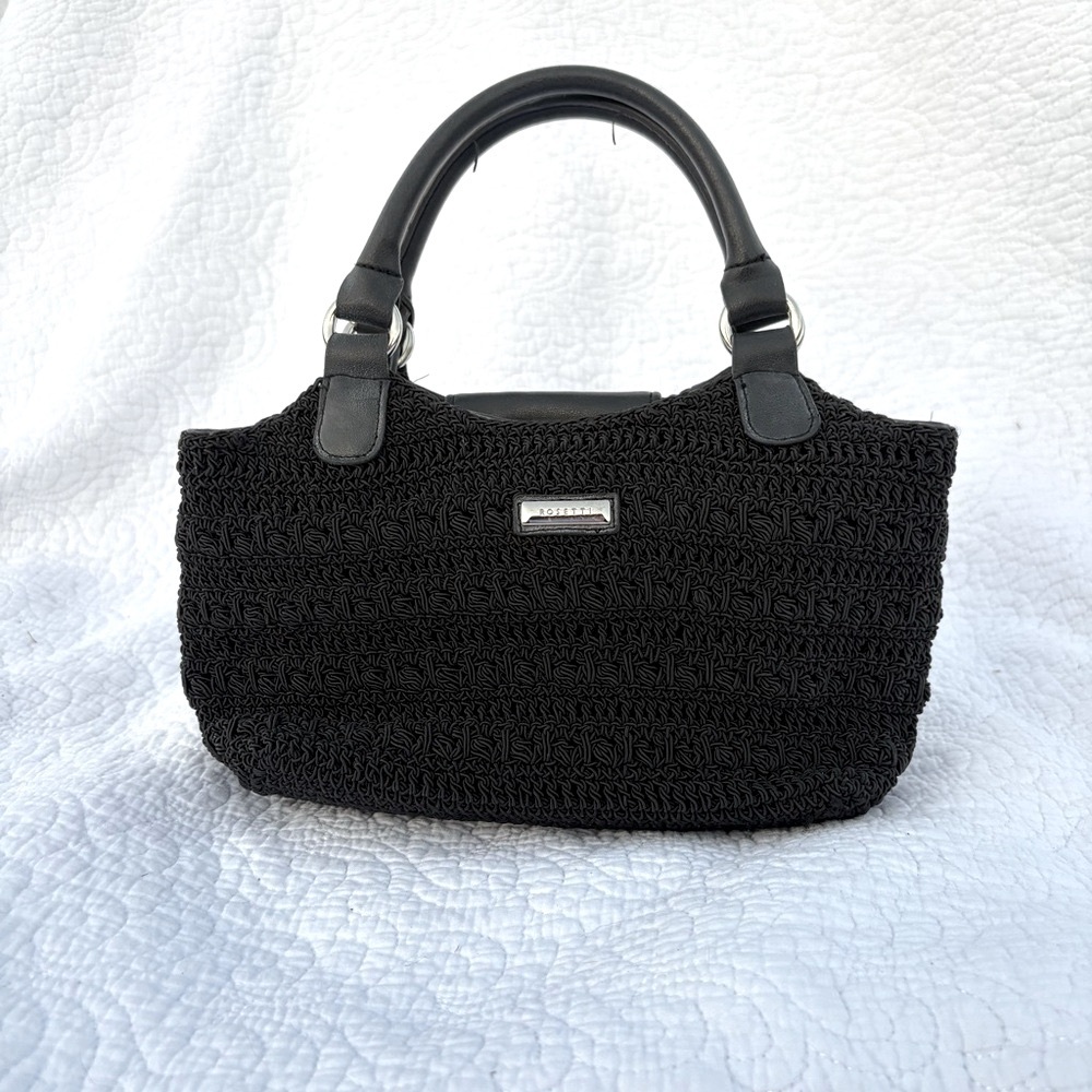 Black Woven Handbag with Faux Leather Handles Rosetta